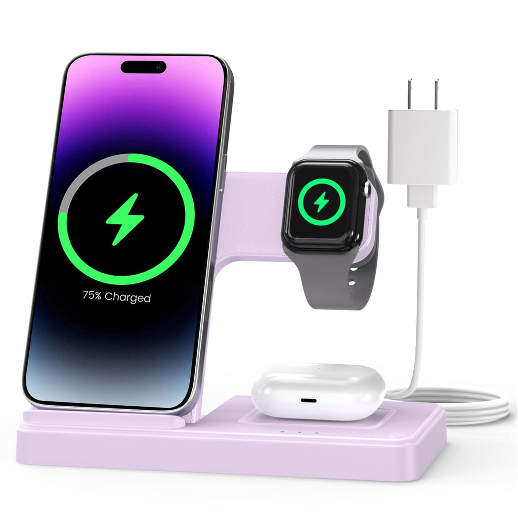 Wireless Charger iPhone Charging Station: 3 in 1 Charger Stand Multiple Devices for Apple - iPhone 17 16e 16 15 14 Pro Max 13 12 11 - Watch 11 10 9 8 7 6 5 4 3 2 SE and Ultra Series - Airpods 4 3 Pro - Image 1